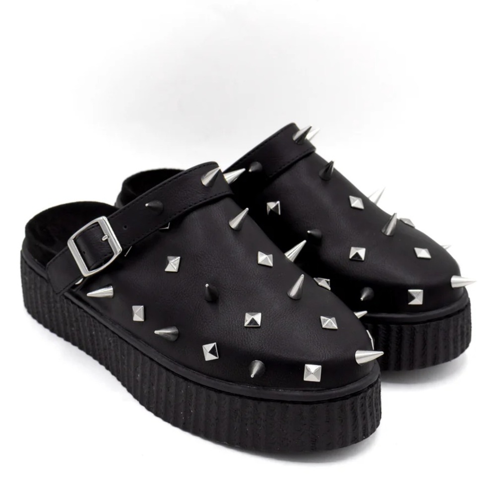 Grave Spike Black Leather Mules
